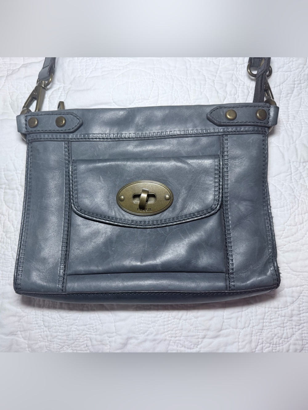 Fossil Slate Blue Leather Turn-Lock Crossbody